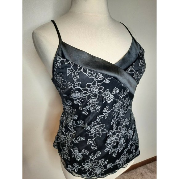Vtg 90's  Black Satin Chiffon Floral Tank Large - Picture 8 of 11